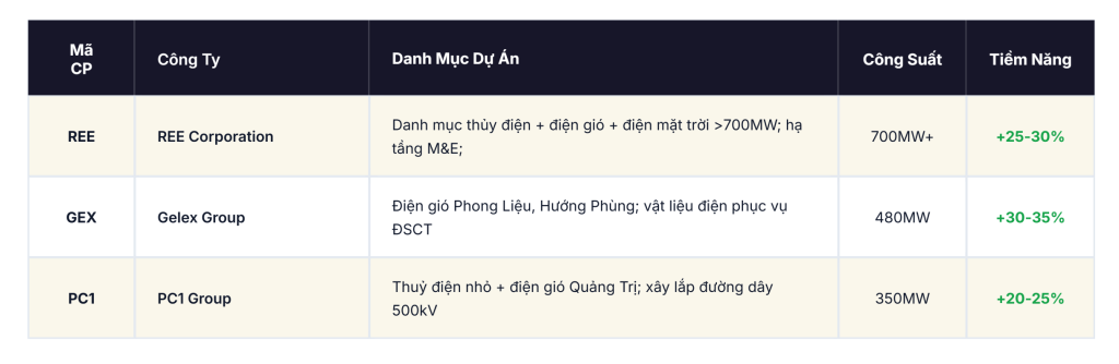 Bảng danh mục dự án và công suất cổ phiếu nhóm ngành Năng lượng tái tạo REE GEX PC1.